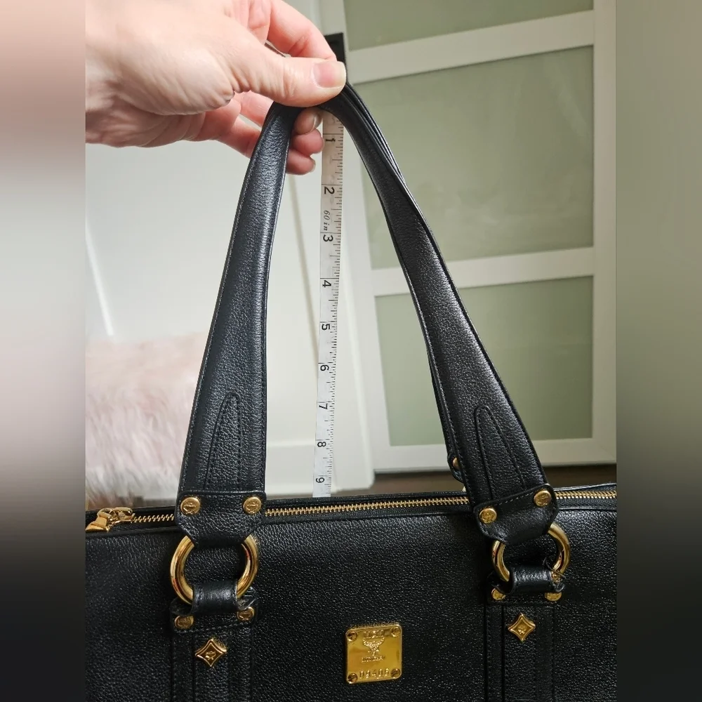 MCM Grained Calfskin Black Leather Shoulder Bag With COA